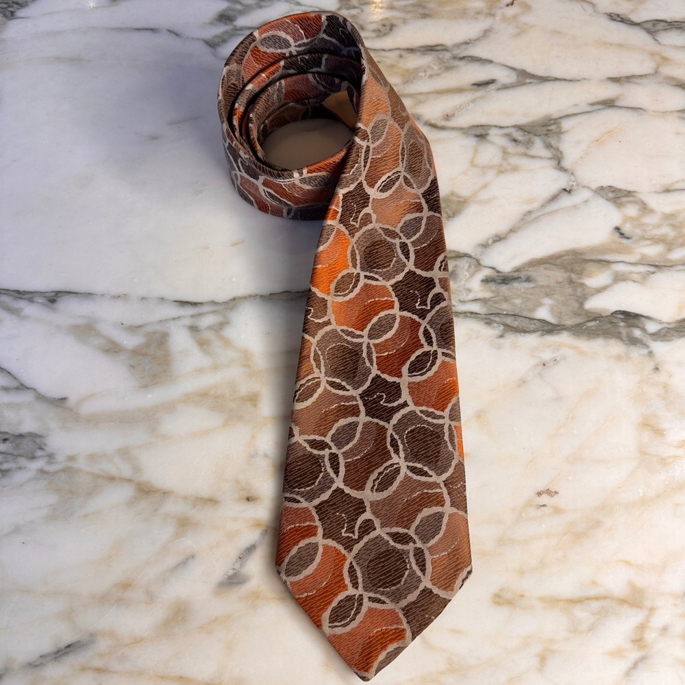 Prince Consort Necktie Mens OS Brown Orange Vintage 70s Geometric Golden Clasp